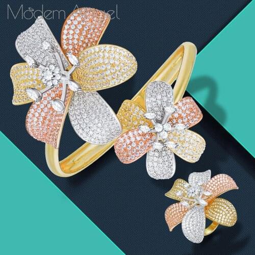 ModemAngel Luxury Flower Blossom Korean Bangle Ring Set Jewelry Sets For Women Wedding Engagement brincos para as mulheres