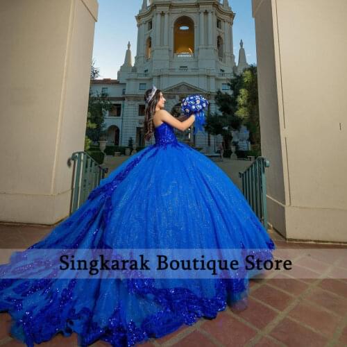 2021 Blue Ball Gown Quinceanera Dresses With Dechable Sleeves Sweetheart Tulle Lace Applique Sweet 16 Dress Party Wear