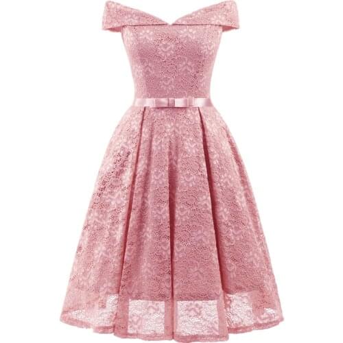 Anself Women Lace Skater Dress Off the Shoulder Bow Pleated A-Line Dress for Bridesmaid Night Party Dresses Dress