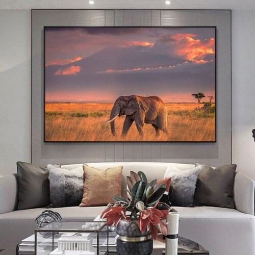 Afrian Elephant Sunset Oil Painting on Canvas Scandinavian Posters and Prints Cuadros Wall Art Pictures For Living Room