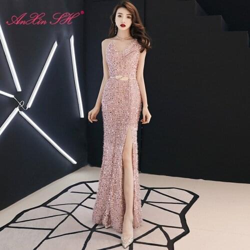 AXJFU princess pink sequins velvet mermaid evening dress party vintage sexy one shoulder stage host pink trumpet evening dress