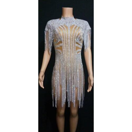 Bling Silver Rhinestones Fringes Bodysuit Costume Stage Skinny Outfit Female Tassel Leotard Sexy Club Jumpsuits Dance Wear
