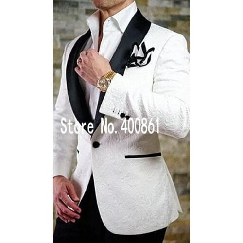 Side Vent One Button White Paisley Groom Tuxedos Shawl Lapel Groomsmen Mens Wedding Suits Blazers (Jacket+Pants+Tie) W:494