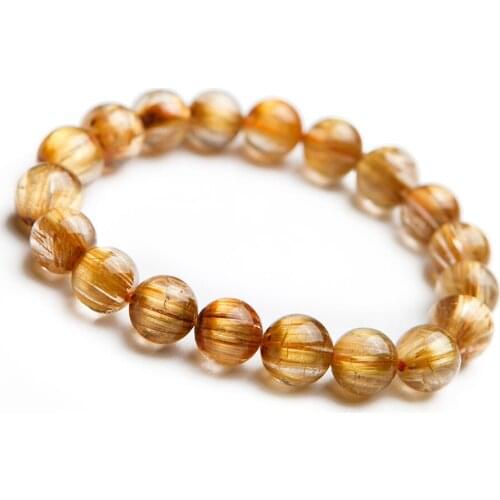 10mm Genuine Natural Gold Rutilated Quartz Crystal Bracelets For Women Men Stretch Clear Round Bead Bracelet AAAAA