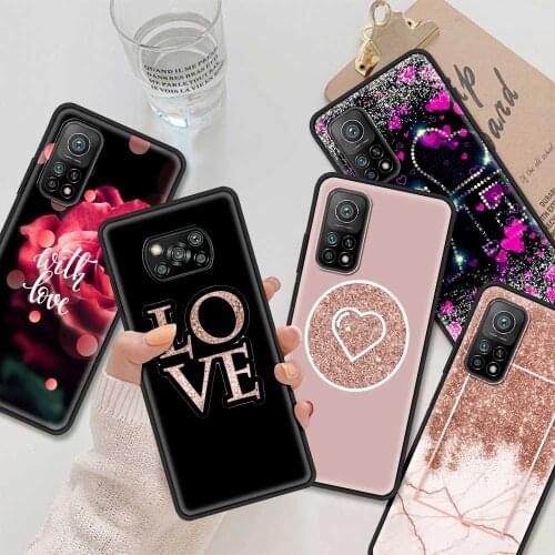 Black Case For Xiaomi Poco X3 NFC M3 Pro F3 GT Note 10 Lite CC9E CC9 A3 Pocophone F1 Soft Shell Bumper Gold Rose Glitter Love