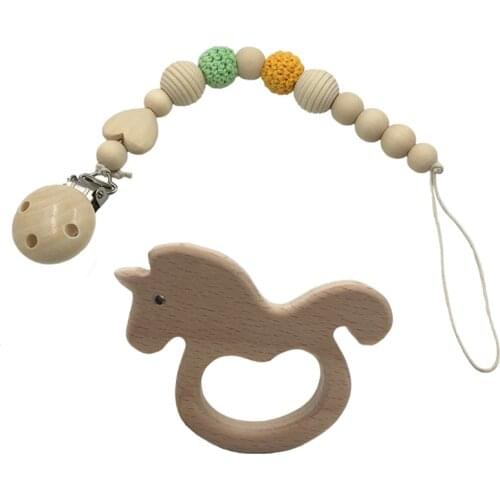 2pcs Dummy clip pacifier chain holder wood silicone crochet bead personalized baby gift beech unicorn teether and pacifier chain