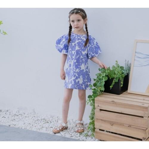 Hollead Blue Puff Dresses Girls Casual Cute Flower Printing Dress Cotton 2021 Summer Fashion Girls Kids Party Princess Clothes