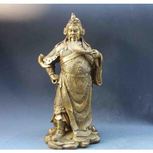 Chinese Folk Copper Brass Leader Dragon Guan Gong Guan Yu Warrior Buddha Statue