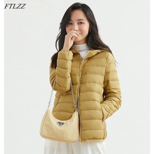 FTLZZ New Winter Ultra Light Women Light Thin Hooded Down Short Jacket 90% White Duck Down Casual Fit Coat Routine Fit Outwear