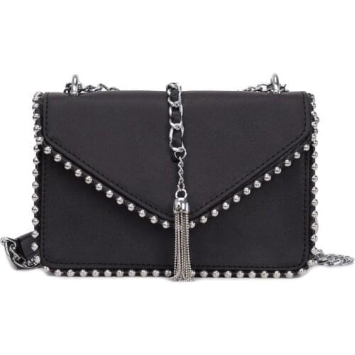 Fashion Rivet Tassel Chain Shoulder Bags For Women Black Small Square Bag Womens Designer Handbag Pu Leather Crossbody Bag New