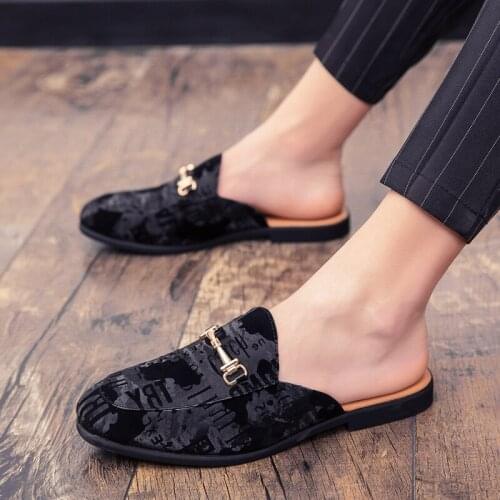 Summer Men Shoes Black Men Half Slippers High Quality Men Leather Casual Shoes Loafers Flip Flops Lightweight Flats Sandals