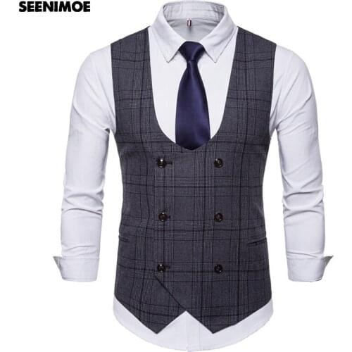 Seenimoe Mens Stripe Plaid Formal Blazer Vests Casual Double Breasted O-neck Fashion M-4XL Male England Style Casual Vests