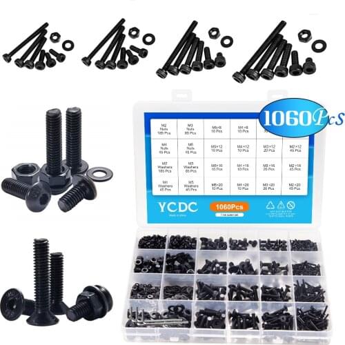 1060pcs M2 M3 M4 M5 Hex Socket Screw Set Carbon Steel Flat Round Cap Head Bolts Nuts Assort Assortment Kit With Storage Box