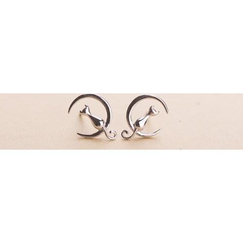 Real 925 Sterling Silver Jewelry For Women Cute Animal Cat Moon Earring Stud Small Stud Earring For Girls Wholesale