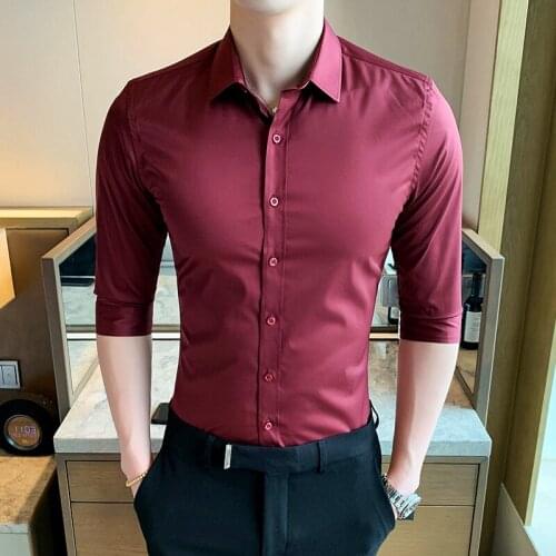 2019 New Mens Fashion Boutique Solid Color Official Business Long-sleeved Shirts / Mens Slim Wedding Dress Long Sleeve Shirts