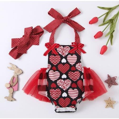 Newborn Baby Girls Valentine’s Day Rompers Lovely Outfits Love Heart Print Ruffle Tulle Halter Jumpsuits with Headband 2pcs Set
