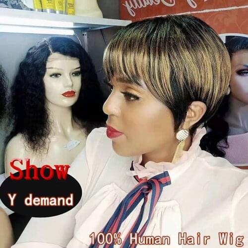 Y Demand Brazilian Pixie Cut Hair Short Human Wigs Straight Remy For Black Women Machine Made Highlight Color Cheap Glueless Wig