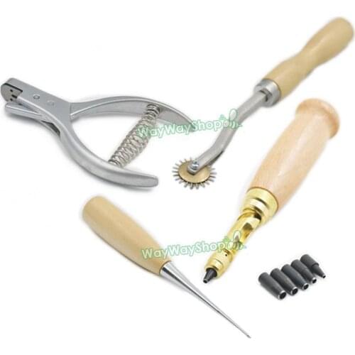 Wood Handle Wheel Hole Punch Awl Leather 4 Patterns Craft Notcher Tools Sewings