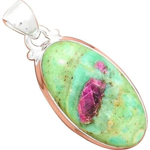 Genuine RUBY IN FUCHSITE Pendant 925 Sterling Silver, 38.7 mm, MHBAP5968