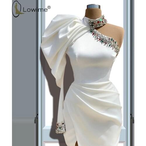 Simple Ivory High Neck Mermaid Evening Dresses 2020 One Shoulder Long Sleeve Crystal Satin Evening Gowns Formal Party Dress