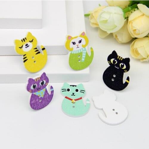 New Arrival 22*30mm 50pcs Mixed Color Random Cat Wooden Buttons Two Holes Sewing Craft Scrapbooking Garment Accessories