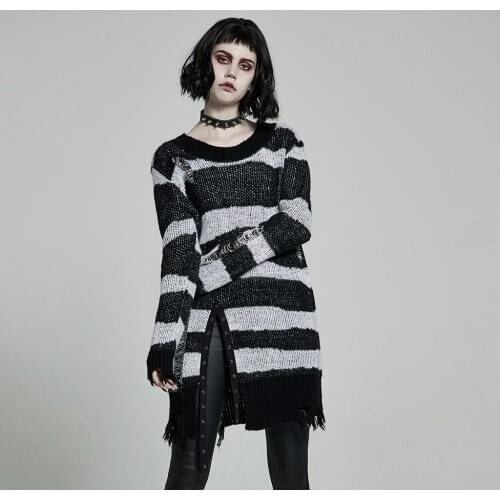 PUNKRAVE Womens Gothic Personality Mid-length Sweater Pullover Novelty Worn-out Irregular Striped Long Sleeve Knit Sweaters