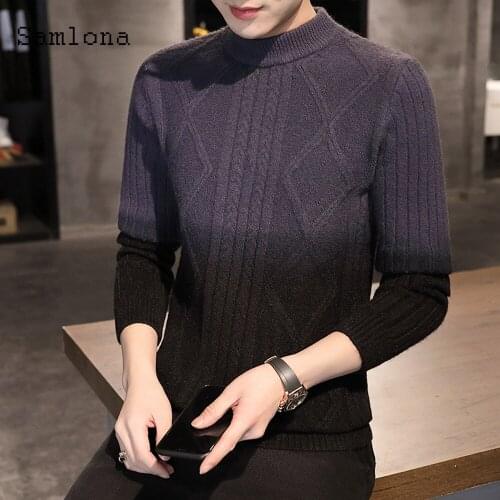 Samlona Mens Trendy Sweater 2020 Gradient Color Mock Neck Casual Autumn New Knitted Sweater Pullovers Men Minimalist Clothes