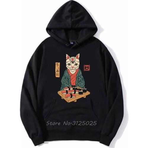 Funny Cute Japan Sushi Cat Graphic Print Kawaii Hoodie Autumn Winter Men Fleece Sweatshirt Hoody Streetwear Anime Hoodies
