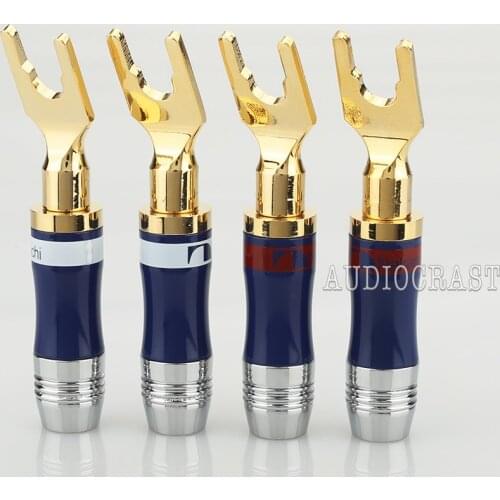 High Quality 8pcs Gold Plated Copper Spade Fork plug Speaker Screw Lock Connector