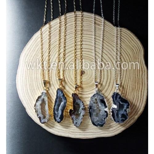 WT-N140 Wholesale natural geode slice stone necklace fashion druzy geode black stone necklace