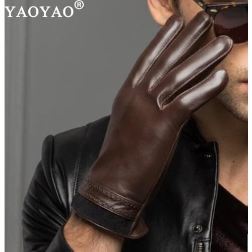 YY8719 Man Fashion Style Winter Velvet Warm Genuine Leather Gloves Male Thick Luvas Black/Brown Car/Bike Driving Short Eldiven