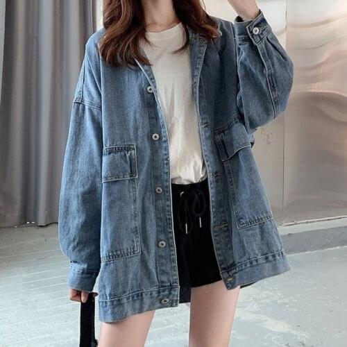 Womens Denim Jacket 2021 Korean Solid color Lapel Long Sleeve Casual Blue Outwear Spring Autumn Loose Jeans Coats Female B191