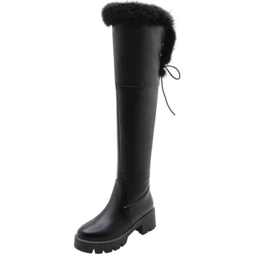 Womens Knee Boots 2021 Winter New Sexy Party Shoes Warm Riding Boots Fashion Fur Edge Middle Heel Side Zipper Womens Boots