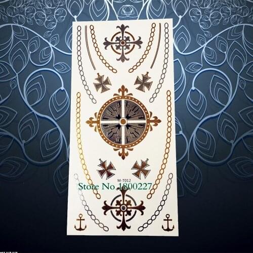 1PC Fashion Cross Chain Compass Temporary Tattoo Women Henna Gold Necklace Tattoo 10x21CM Waterproof Metallic Tattoo Sticker