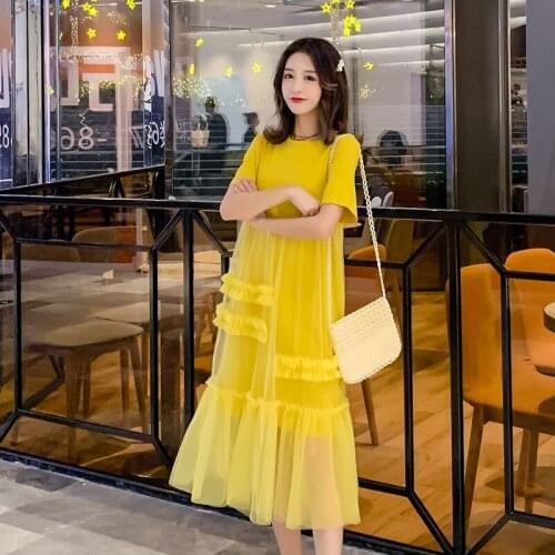 8807# Maternity Clothes Summer Short Sleeve Easy Matching Loose Stylish Gauze Patchwork Dress for Pregnant Women Mom Dress