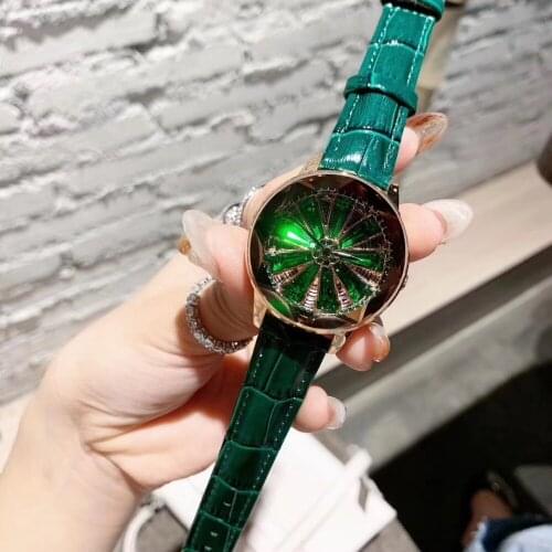 Brand Fashion Spinning Green Watches for Women Luxury Summer Dress Watch Quartz Waterproof Genuine Leather Wrist watch Rotating