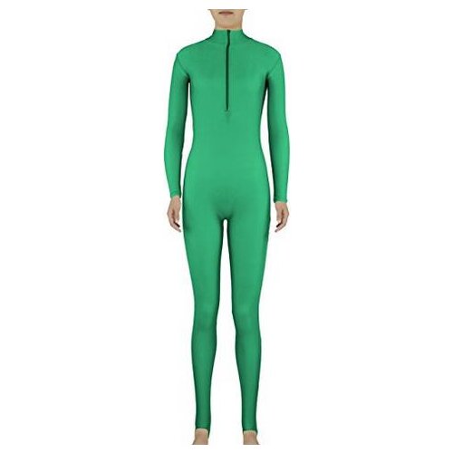 Kid Adult Green Front Zipper Mock Neck Zentai Costume Dancewear Unitard Bodysuit No Hood & Hands feets
