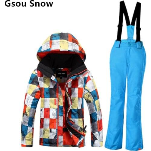 Children Ski Suit Big Boys Colorful Snowboarding Jacket And Blue Suspender Pants Kids Skiwear Winter Outdoor Sportswear