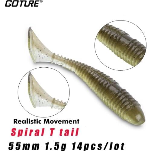 Goture 14 pcs/lot Soft Lure 55mm 1.5g Spiral T tail Fishing lure For Carp Fish Soft Bait Silicone Artificial Wobblers Swimbait