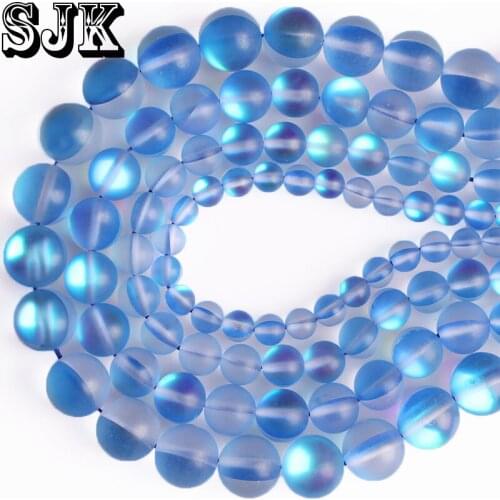Synthetic Crystal Blue Frost Matte Polished Moonstone Gem Stone Round Beads 6 8 10 12MM For Necklace Bracelets Jewelry Making