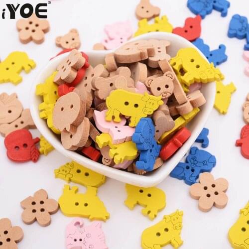IYOE 30/50/100pcs Natural Wood Buttons Beads Cute Cat Dog Bear Cow Car Shape Button For Diy Craft Scrapbooking Sewing Clothes