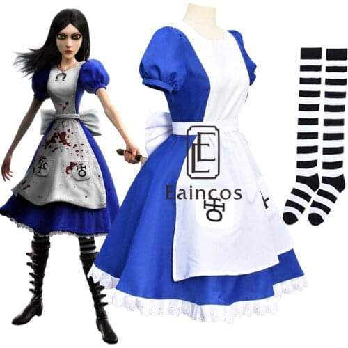 Game Alice Madness Returns Cosplay Hallloween Carnival Costume Women Maid Dress Apron With Stockings