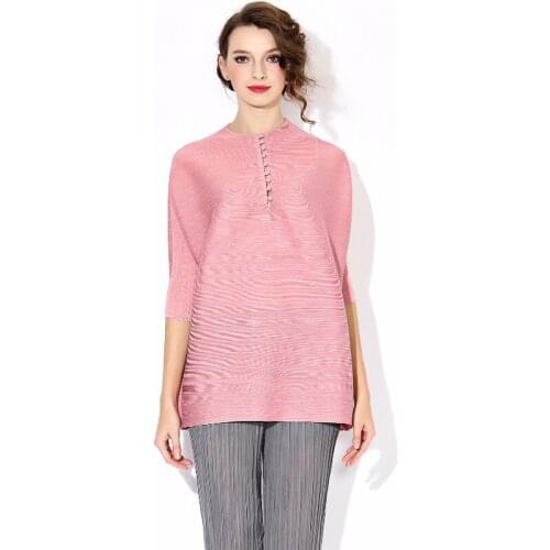 HOT SELLING Miyake Fashion pleated small package button three quarter sleeve top plus size pressure pleated T-shirt IN STOCK