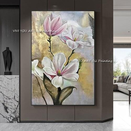 The Best Quality Handmade Colorful Gold Large Flower Lily Oil Paintings On Canvas Wall Art Pictures For Home Office Decoration