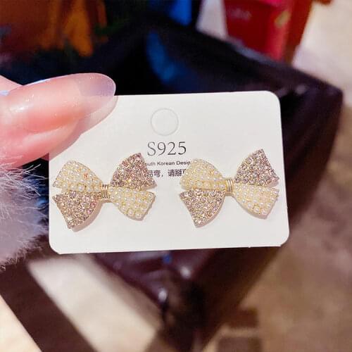 Sweet Jewelry Stud Earrings Popular Design Metal With Simulated Pearl Crystal Bowknot Earrings For Girl Gift Wedding Jewelry