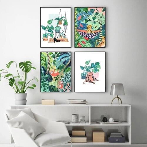 Minimalist Jungle Tiger Sloth Cat Plant Wall Art Canvas Painting Nordic Posters and Prints Wall Art Pictures for Living Room