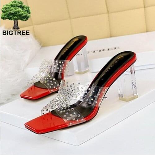 Fashion PVC Transparent Rhinestones Women Pumps Sexy Clear Perspex Crystal Thick Heel Slippers Shallow Peep Toe Sandals Female