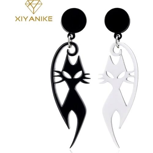 XIYANIKE 2019 Fashion Women Drop Earrings Cartoon Cute Cat For Women White Black Printing Lovely Big Funny Earrings For Women