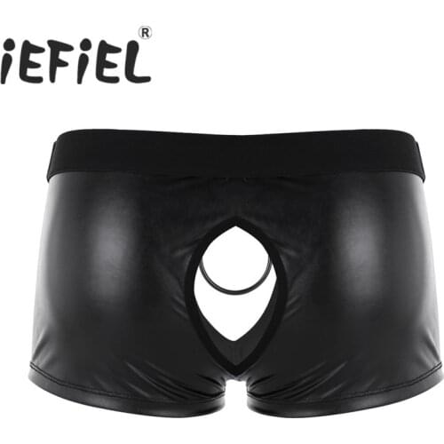 IEFiEL Sexy Gay Men Male Lingerie Soft Faux Leather Cut Out Low Rise Boxer Jockstrap Underwear Underpants with Ball Metal O-ring