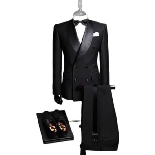 Custom Made Slim Fit Black 2 Piece Mens Blazer Double Breasted Suit Men Wedding Suits Groom Tuxedos For Men (Jacket+Pants+Tie)